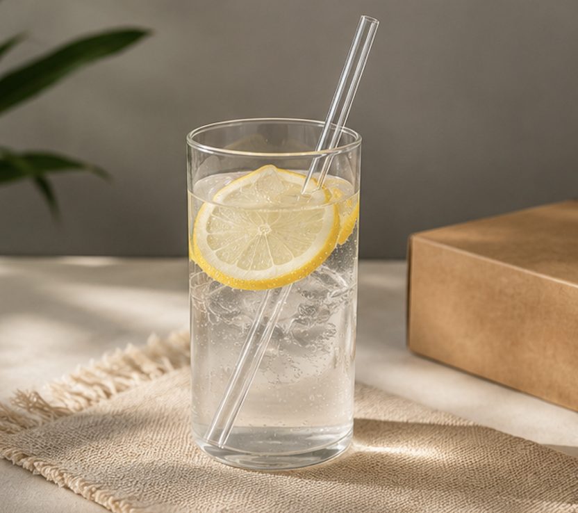 Terra Clearline straw in a glass of sparkling water with lemon